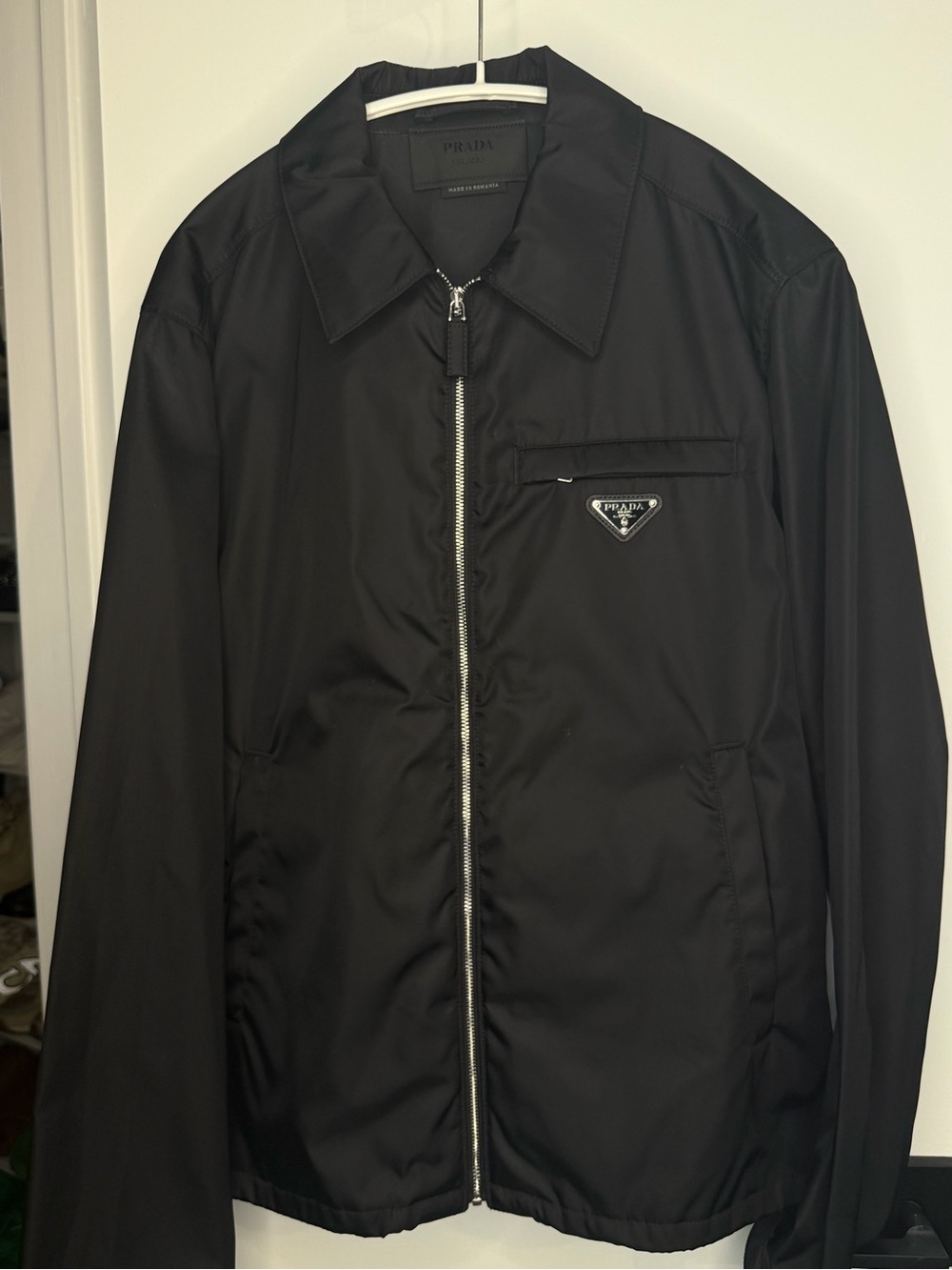 Prada Men's Black Re-Nylon Zip Up Shirt with Pockets